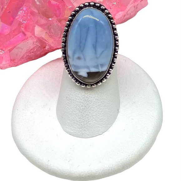 Blue Owyhee Opal Ring 925 Sterling Silver Overlay Size 5 Natural Stone Oval Boho